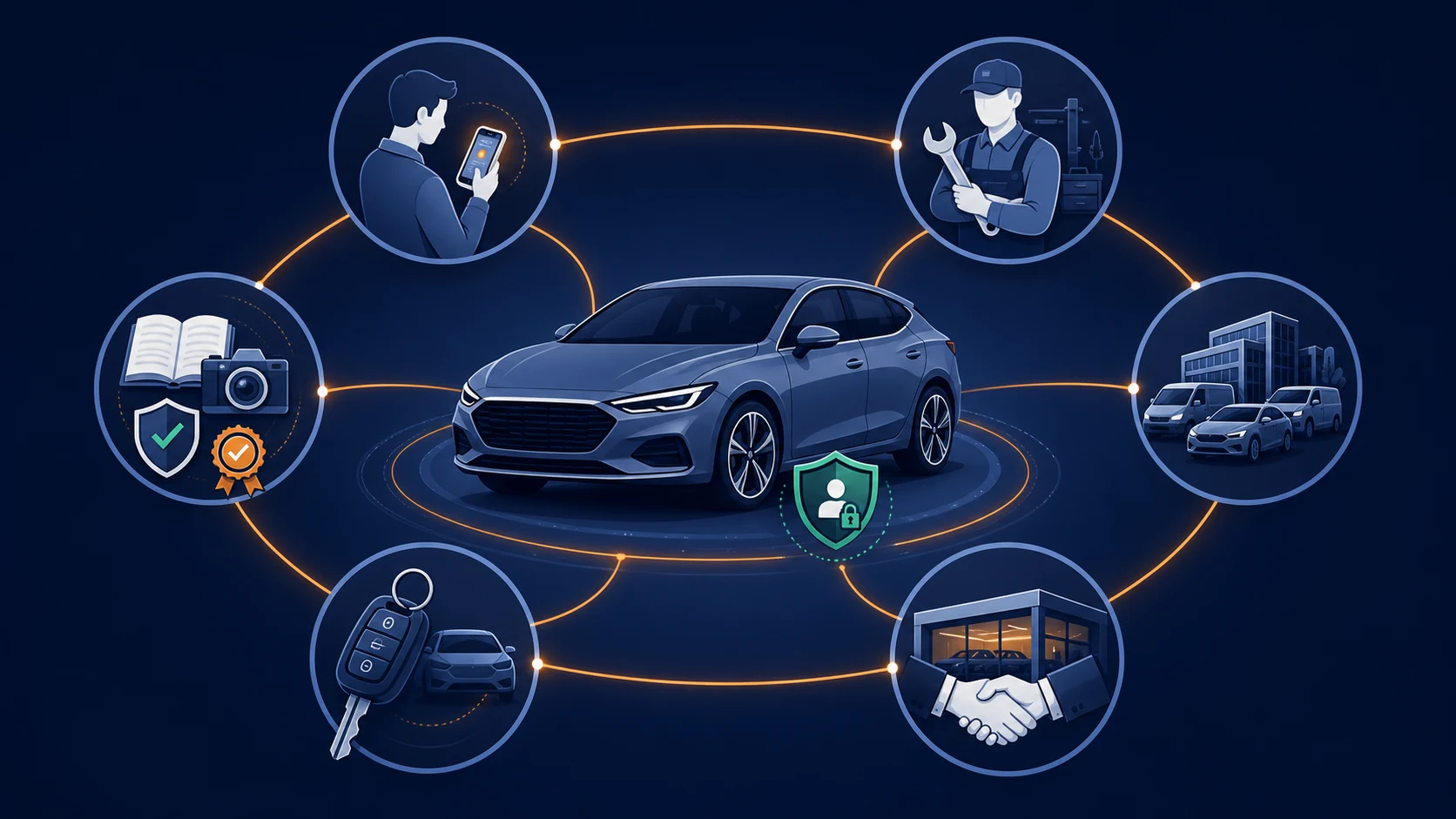 Gráfico del ecosistema MEMORAUTO con el vehículo conectado a su propietario, talleres, empresas y Libro Digital
